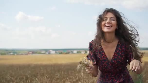 Portrét mladé dívky v letní pole. — Stock video