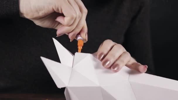 Het meisje is gemaakt van een 3D-Eenhoorn van papier — Stockvideo