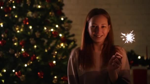 Uma menina segura uma frente de luz de Bengala para a árvore de Natal — Vídeo de Stock