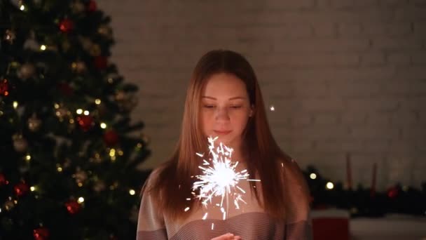 Uma menina segura uma frente de luz de Bengala para a árvore de Natal — Vídeo de Stock