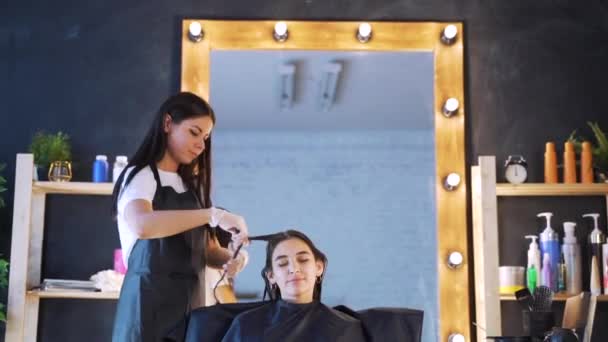 Frisör, stylist kamning hår av kvinnlig klient och använda hårspänne för fastställande frisyr i professionell frisörsalong. Skönhets-och hårvårds koncept. — Stockvideo