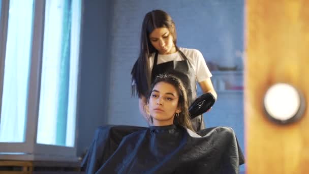 Hairdresser, stylist combing hair of female client and using barrette for fixing hairdo in professional hair salon. Beauty and haircare concept. — Stock Video