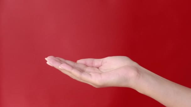 Close-up shot of a hand holding color pills on background — Stock Video