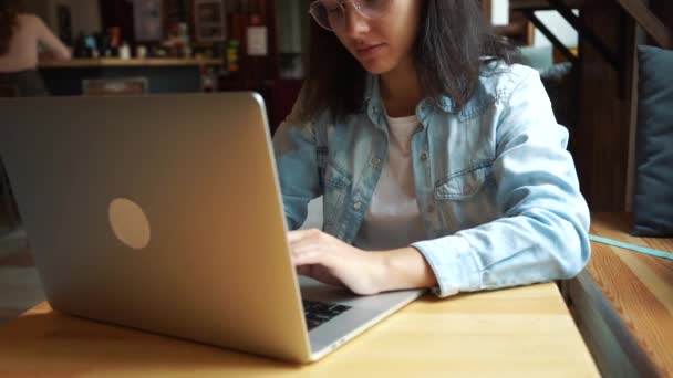 Belle brune utilisant un ordinateur portable dans un café — Video