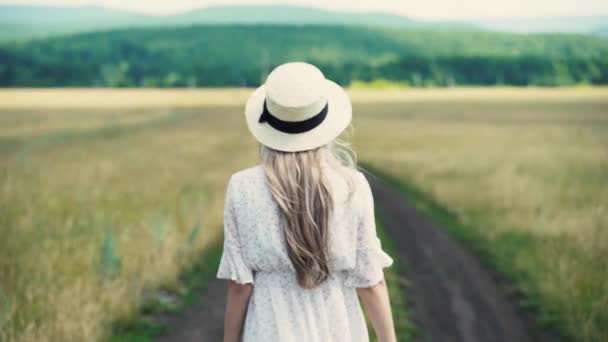 Девушка в платье прогуливаясь по дороге в поле, наслаждаться чистым воздухом. — стоковое видео