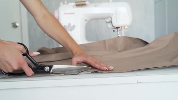 The seamstress cuts the fabric with scissors — Stock Video