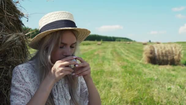 Красивой девушке нравится пить теплый летний чай из термоса, сидящего в поле. — стоковое видео