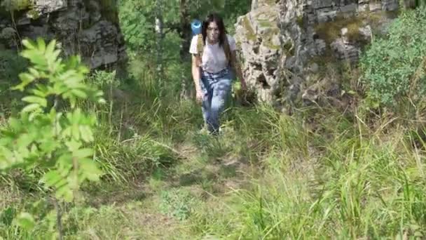 A menina foi em uma caminhada de verão e sobe o caminho para o topo da montanha. — Vídeo de Stock