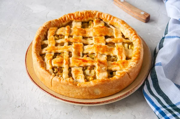 Homemade young cabbage pie from flaky dough  served on a plate. White stone background.