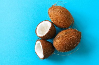 Bütün ve halfs mavi bir arka plan üzerinde Hindistan cevizleri. En iyi görünüm ve kopya alanı.