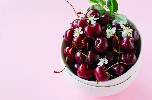 Molho Cerejas Frescas Maduras Numa Tigela Branca Fundo Rosa — Fotografia de Stock