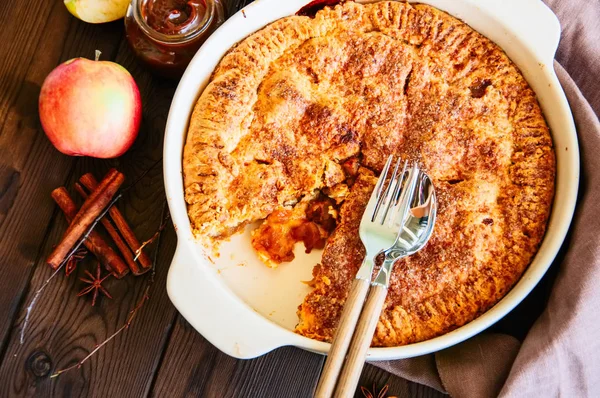 Vue Dessus Tarte Aux Pommes Américaine Caramel — Photo