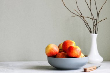 Bir tabak taze olgun elma grubudur. Gri taş arka plan. Natürmort.