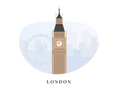Londra 'nın mavi şehir manzarasında Big Ben sancağının konsepti. Modern düz vektör çizimi. İş şablonu.