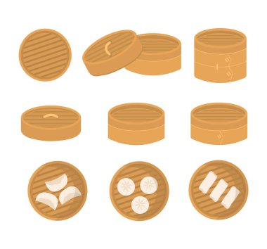 Farklı açılarda Çin bambu buharı seti. Dim sum köftesi servisi, Gyoza. Düz vektör karikatür çizimi.