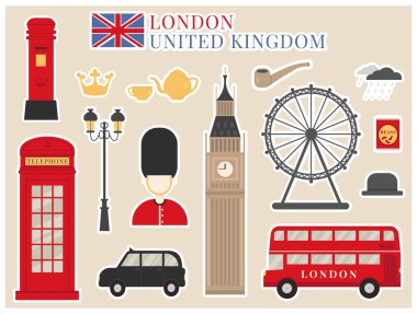 Flat vector sticker pack set of cultural symbols of United Kingdom. Red phone booth, royal guardsman, teapot, Big Ben. clipart