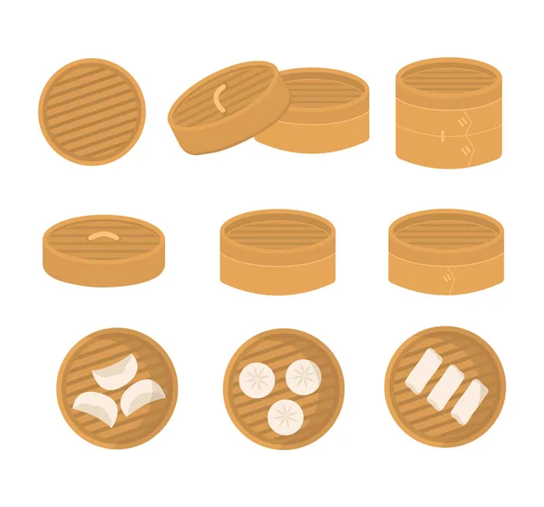 Set chinesischer Bambusdampfer in verschiedenen Winkeln. Servieren von Dimsum-Knödeln, Gyoza. Flache Vektor-Karikatur. — Stockvektor