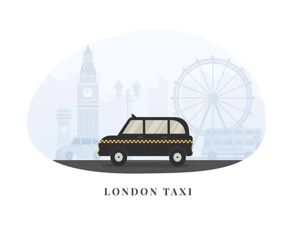 Konzept eines Londoner Taxis mit blauem Skyline-Hintergrund. Bannerdesign für Reisen oder Geschäftsreisen. Flache Vektorabbildung. — Stockvektor