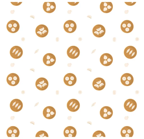 Dumplings servidos en patrón de vapor de bambú. Dimsum, gyoza, momo, cocina asiática fondo sin costuras. Vector plano . — Archivo Imágenes Vectoriales