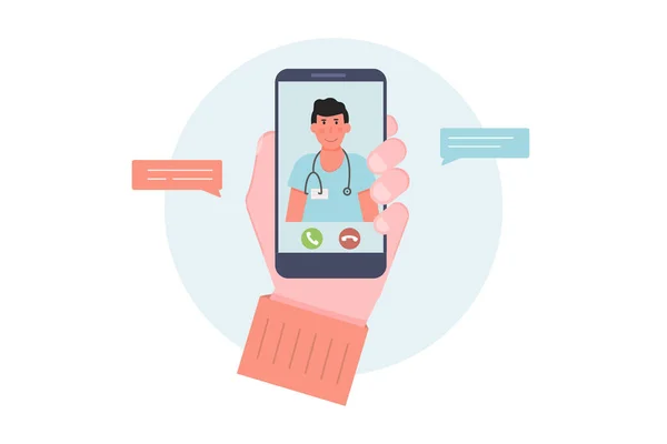 Koncept on-line konzultace lékaře přes smartphone. Ruka držící telefon. — Stockový vektor
