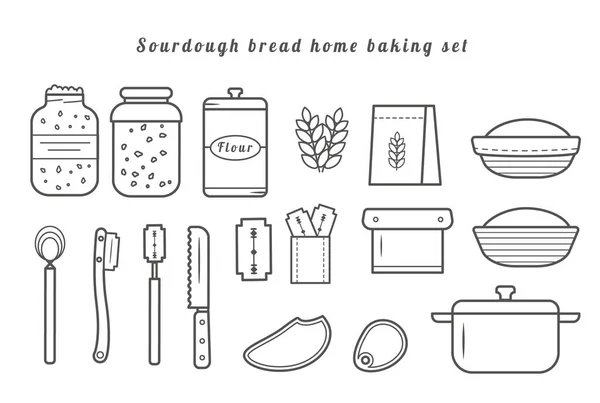 Conjunto de ícones de contorno vetorial caseiro sourdough kit de panificação. Receita de pão assado em casa. Cultura inicial de massa de cereal —  Vetores de Stock