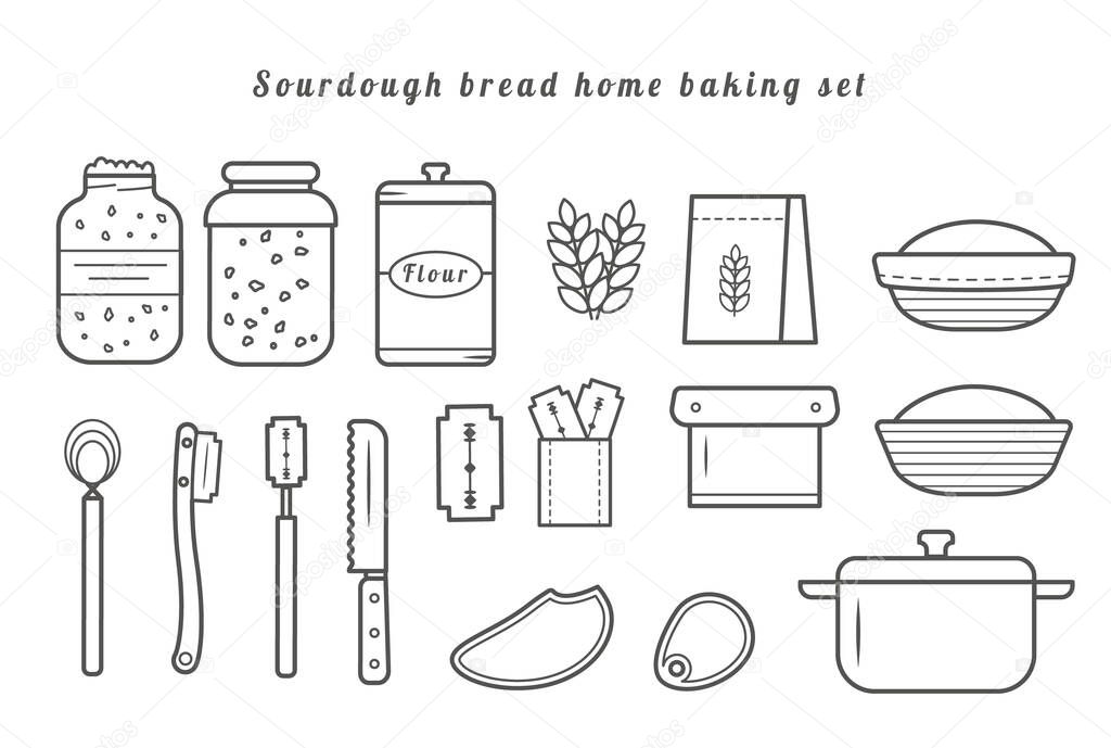 Set of vector outline icons homemade sourdough bread baking kit. Recipe for home baked loaf. Sourdough starter culture