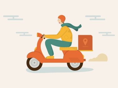 Mutlu teslimat konsepti genç adam. Turuncu scooter kullanan ya da hızlı motosiklet kullanan bir adam. Karakterler. Düz vektör illüstrasyonu.