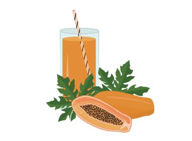 Papaya suyu konsepti. Sağlıklı yaşam tarzı için bir bardak tropikal pati. Meyve püresi menüsü. Düz vektör izole edildi.