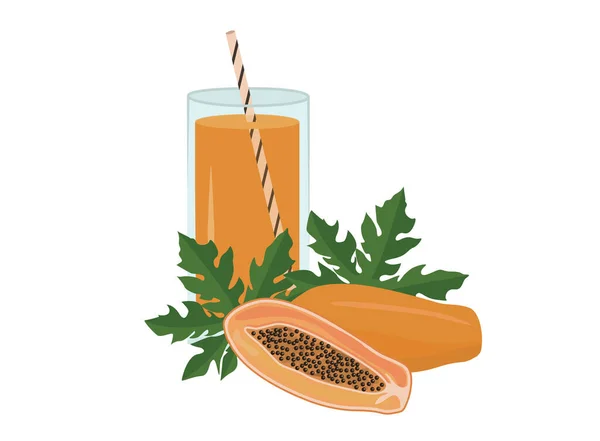 Um conceito de suco de mamão. Um copo de pata tropical para um estilo de vida saudável. Menu de bar Smoothie. Vetor plano isolado . —  Vetores de Stock