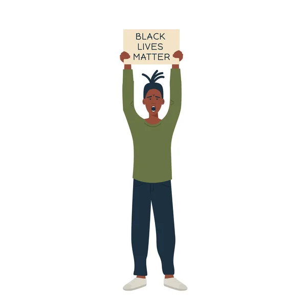 Афроамериканець, руки, що тримають плакат. Чорна людина протестує, бореться за прояви прав людини. Чорне життя має значення. Плоска векторна ілюстрація. — стоковий вектор