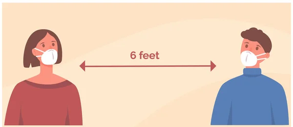 Homme et femme portant un masque facial, à l'abri les uns des autres pour prévenir les maladies. Coronavirus. Distance sociale. Vecteur plat . — Image vectorielle