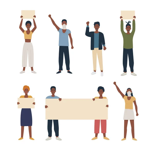 Set of black african american people protesting, manifesting, strike holding banners placard and hand fist raised. Collection of male female characters for march demonstration. Vector flat isolated — Stock Vector