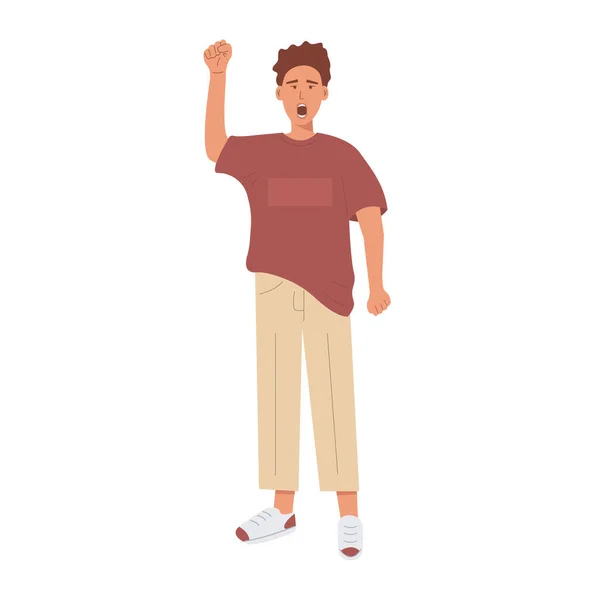 Modern caucasian angry man protesting against violence, injustice, human rights, environmental issue, climate change. Black lives matter movement. Hand fist raised up. Flat vector illustration. — Stock Vector