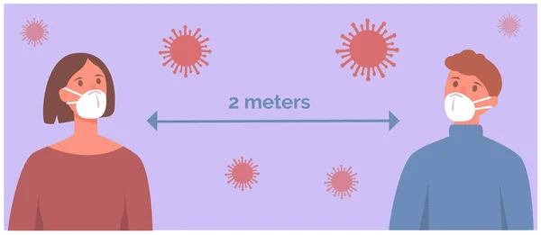 Homme et femme portant un masque facial à distance pour prévenir les maladies. Coronavirus, distance sociale. Illustration vectorielle — Image vectorielle