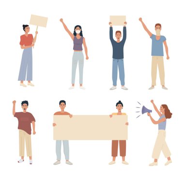 Bir grup Kafkasyalı modern insan protesto ediyor. Pankart pankartı tutuyor. Megafonla konuşuyorum. Protestocuların ayaklanma manifestosu. Erkek ve dişi el kaldırdı. Düz vektör illüstrasyonu 