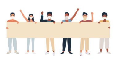 Bir grup genç ırk, çok kültürlü kadın ve erkeklerin bir arada durduğu ve boş afiş taşıdığı bir grup. Solunum maskeli insanlar dışavuruma, mitinge ya da protestoya katılıyorlar. Erkek ve kadın protestocular.