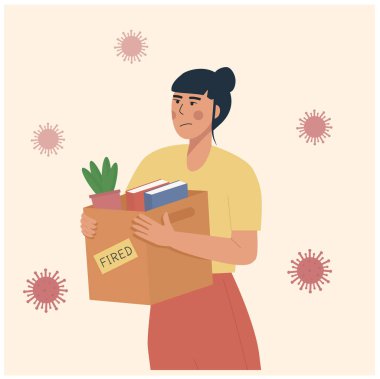 Pandemia sırasında çalışanı kovmanın karikatür çizimi. Coronavirus krizinden kaynaklanan iş kaybı COVID-19 salgın tecridi. Eşyalarının olduğu kutuyu taşımayı bırak. İşsizlik kavramı, iş azaltma