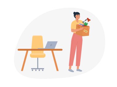 İşten kovulan çalışanlar konsepti. İşini kaybettin. Ofis masası ve laptopunun arkasında eşyalarını taşıyan kovulmuş bir kadın. Beyaz üzerine izole edilmiş vektör düz çizim karikatürü.
