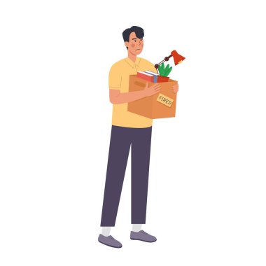 Çizgi film vektör çizimi. Çalışan işten kovuldu. İşini kaybettin. Eşyalarıyla birlikte kutu taşıyan kovulmuş bir adam. İşsizlik kavramı, iş azaltımı. Beyaz üzerine izole edilmiş vektör düz illüstrasyon.