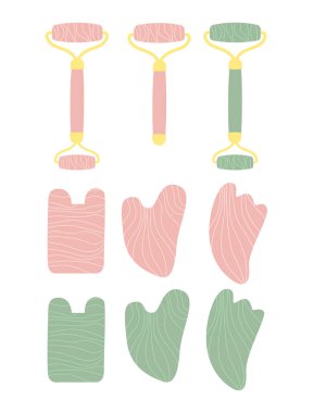 Bir set gua sha kazıyıcı ve yeşim masaj yüz silindiri. Pembe ve yeşil kuvars yaşlanma önleyici aletler koleksiyonu. Geleneksel Çin tıbbı. Kendi kendine bakım spası için yüz yogası. Beyaz renkte izole edilmiş vektör düzlüğü.