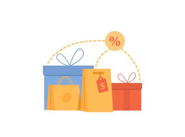 Büyük indirimli alışveriş çantası ve hediyeler. Kara Cuma indirimi. Şimdi al, özel teklif, en çok satan, özel fiyat. E-ticaret web sitesi için simge öğesi alınıyor. Düz vektör karikatür çizimi.