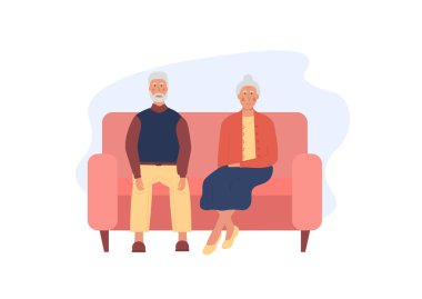 Büyükbabam ve büyükannem pembe kanepede birlikte oturuyorlar. Emekliler birlikte vakit geçiriyorlar. Yalnız, yaşlı bir çift. Büyükbabalar günü için konsept. Yaşlılar. Düz vektör illüstrasyonu.