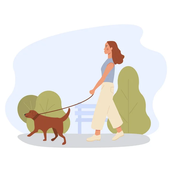 Una chica sola paseando perro al aire libre en el parque verde. Banner para la compañía de paseadores de perros. Mascotas sentadas. Labrador retriever afuera en el paseo. Ilustración vectorial plana . — Vector de stock