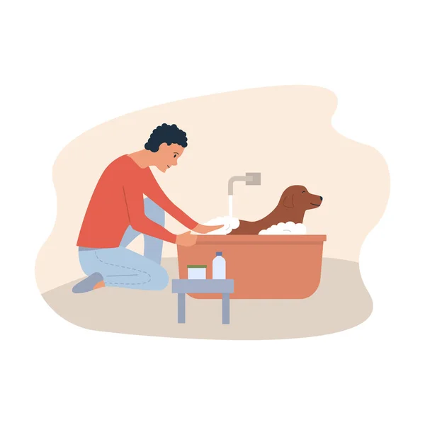 Escena Dibujos Animados Masculino Joven Lavando Limpiando Perro Con Champú — Vector de stock