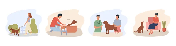 Mensen wandelen, ontspannen met Huisdieren Set. Dierenarts die hond vaccineert in de dierenkliniek. Vrouw en Man Karakters die voor dieren zorgen. Honden en katten huisdier oppassers concept. Platte Cartoon Vector Illustratie. — Stockvector