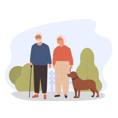 Yaşlı insanlar köpekle yürüyorlar. Evcil hayvanlı yaşlı çift. Parktaki modern büyükanne ve büyükbaba. Düz vektör çizimi. Emekli emekliler için açık hava etkinliği kavramı.