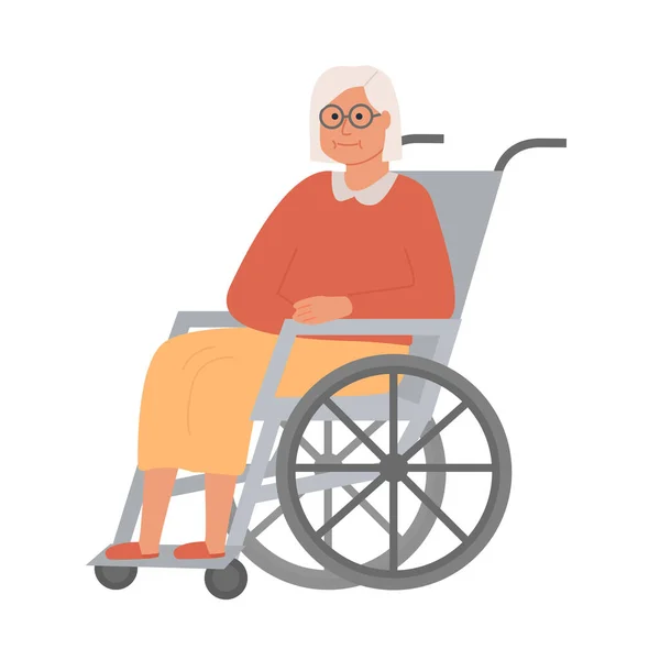 Mujer discapacitada de edad avanzada moderna en silla de ruedas. Anciana abuela personaje sobre fondo blanco. Hogar de ancianos. Mujer mayor asistida viviendo en el hospital. Ilustración vectorial . — Archivo Imágenes Vectoriales
