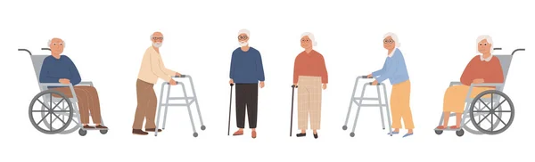 Huzurevindeki bir grup engelli insan. Emekliye ayrılmış yaşlı büyükanne ve büyükbaba. Tekerlekli sandalyedeki modern erkek ve kadın emekliler, raket yürüteç ve vinç, baston. Vektör karakter illüstrasyonu. — Stok Vektör