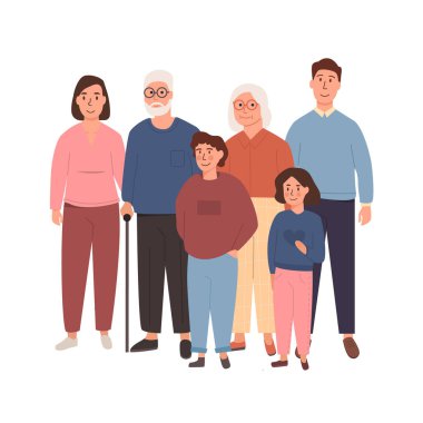 Gülümseyen beyaz aile portresi bir arada duruyor. Anne ve babaları aileleriyle. Karısı ve kocası, oğlu ve kızı. Torunları ve torunlarıyla birlikte büyükanne ve büyükbabaları. Vektör.