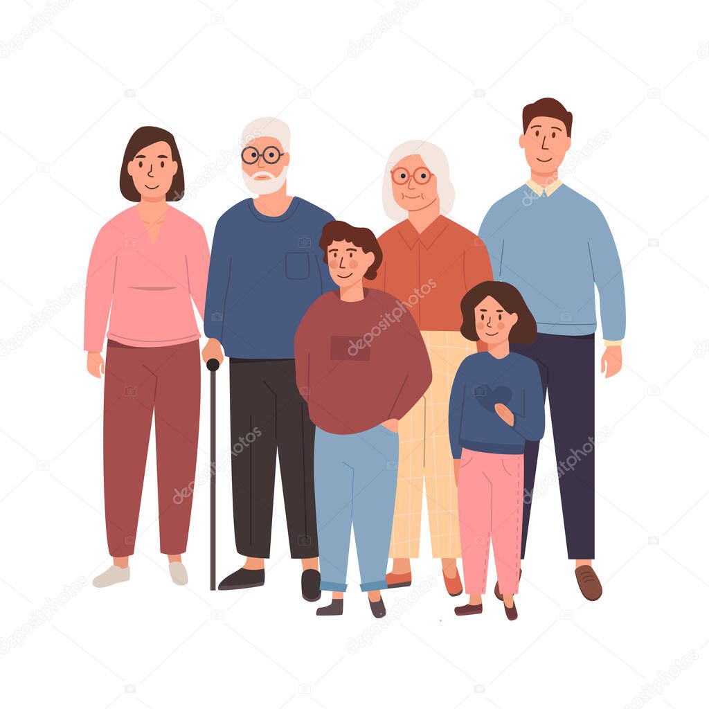Smiling big caucasian family portrait standing together. Mother and father with their parents. Wife and husband with son and daughter. Grandparents with their grandson and granddaughter. Vector.